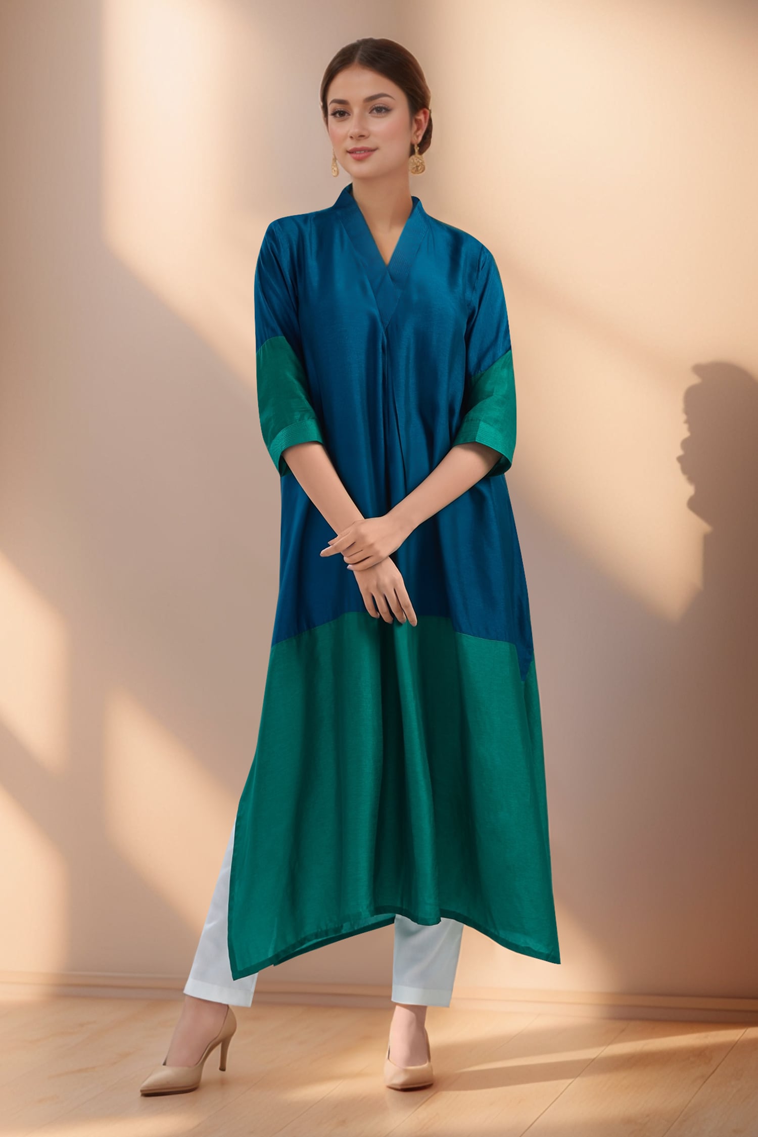 2D Colour Block Kurta- Blue x Green