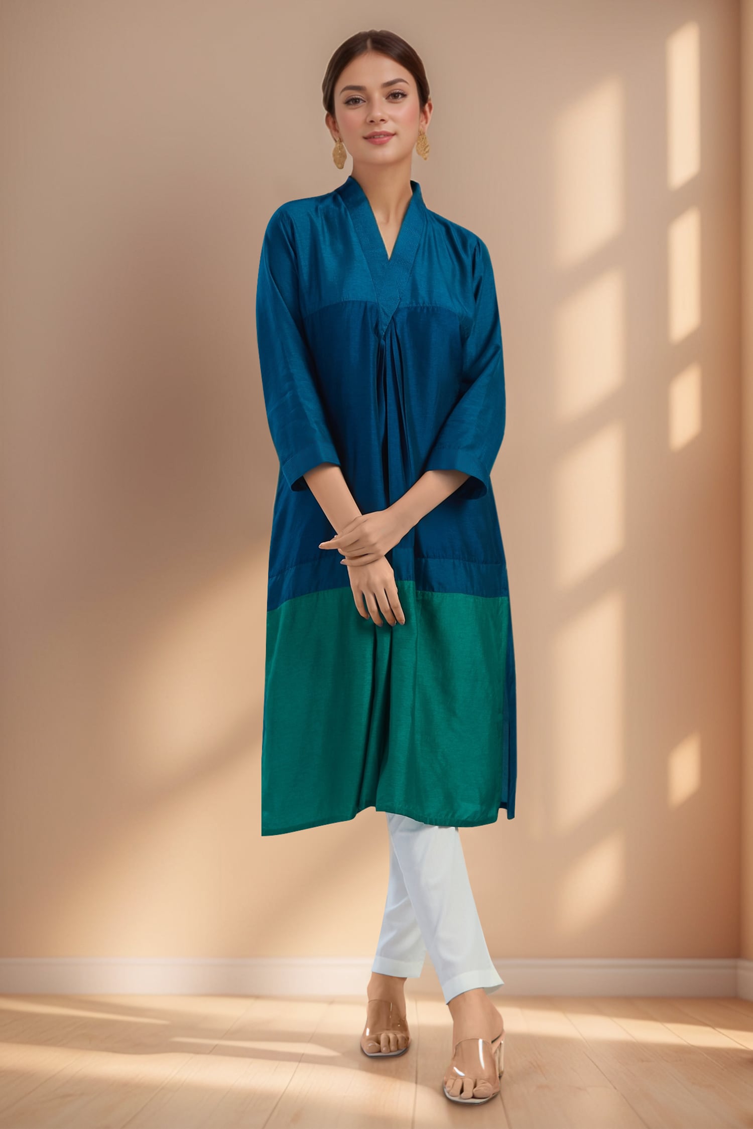3D Colour Block Kurta- Blue
