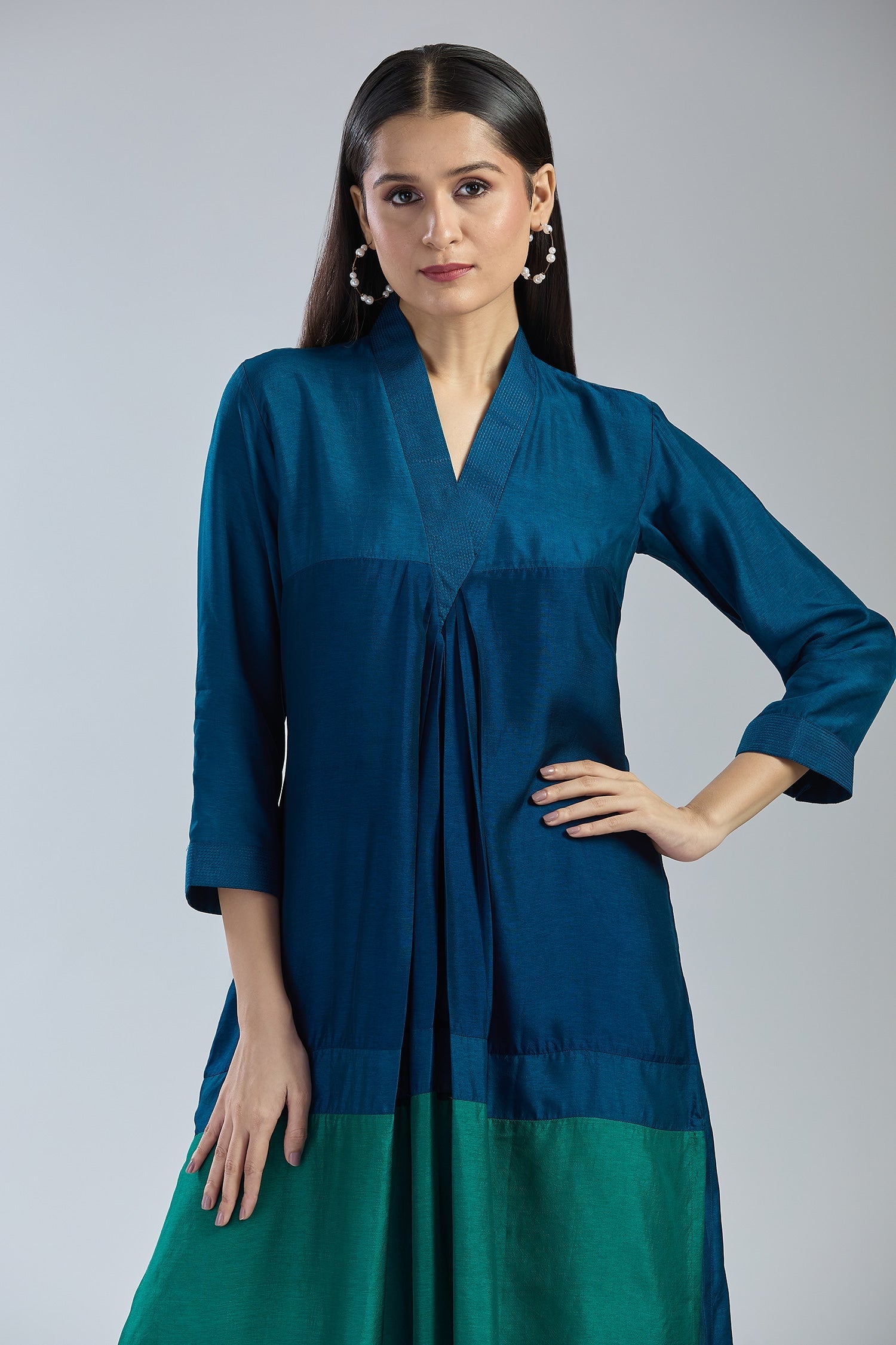 3D Colour Block Kurta- Blue