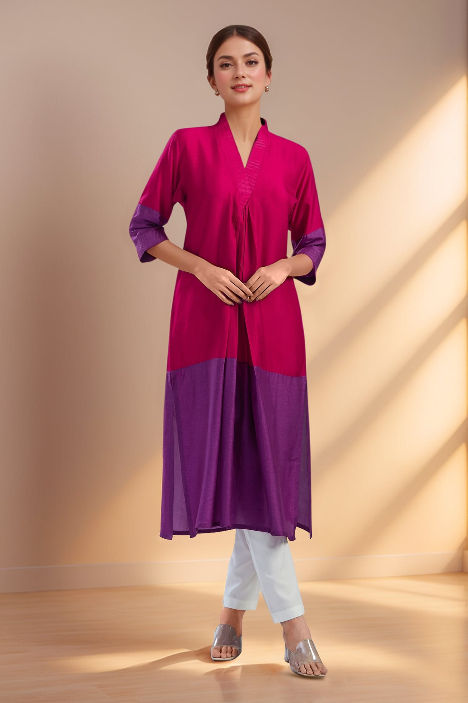 2D Colour Block Kurta- Pink x Purple