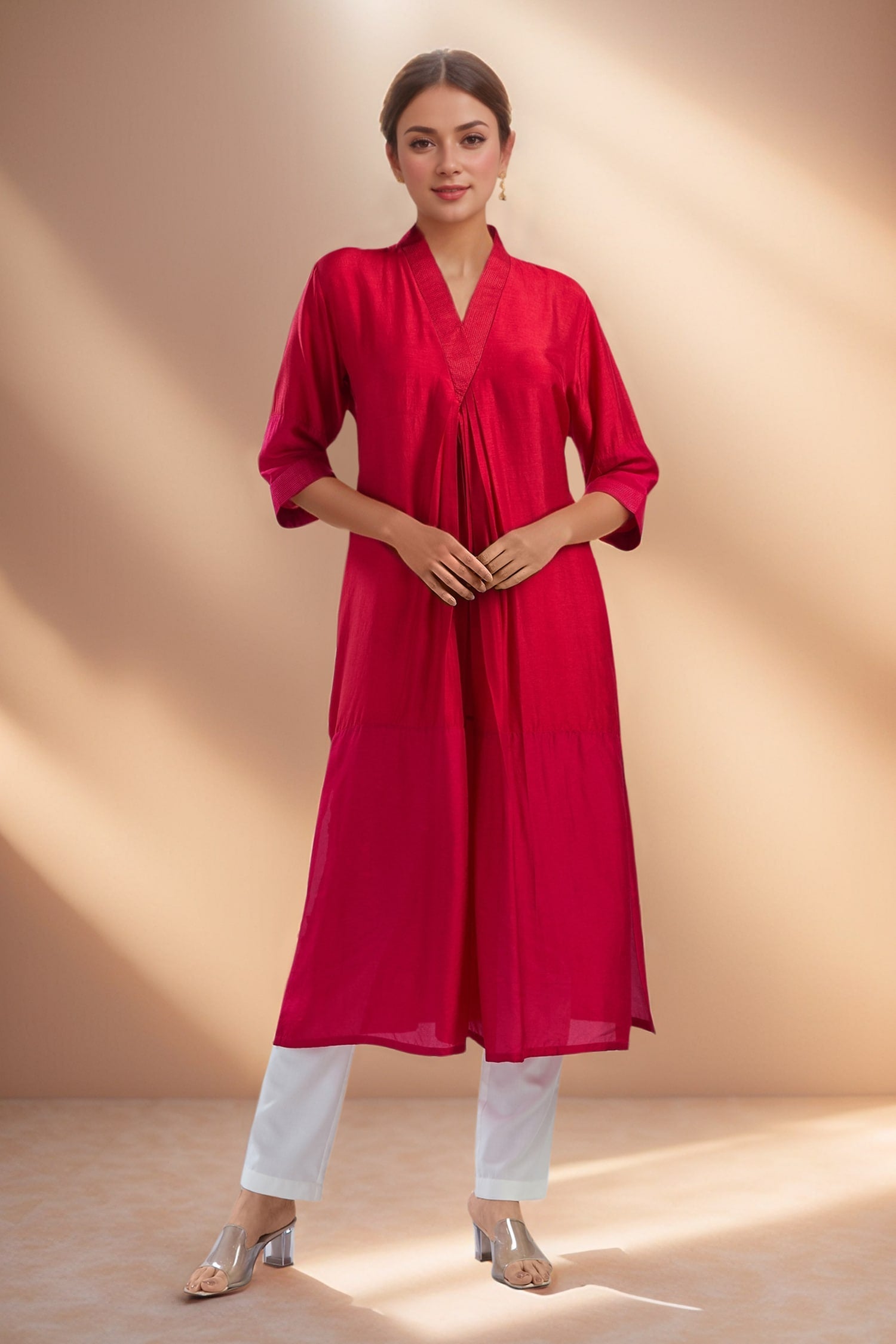 2D Colour Block Kurta- Red x Pink