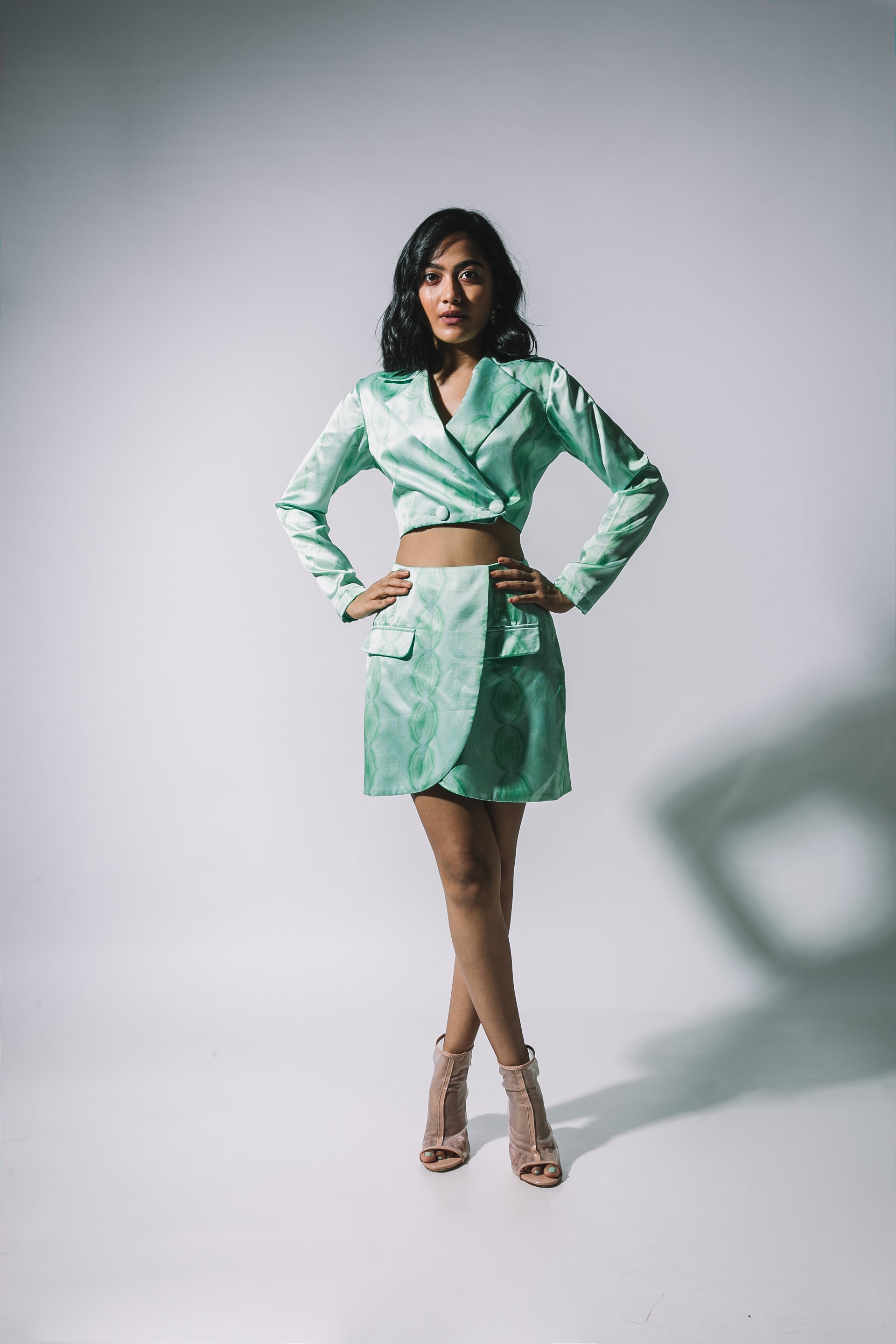 Roohi Marjara In Our Green Satin Blazer Set.