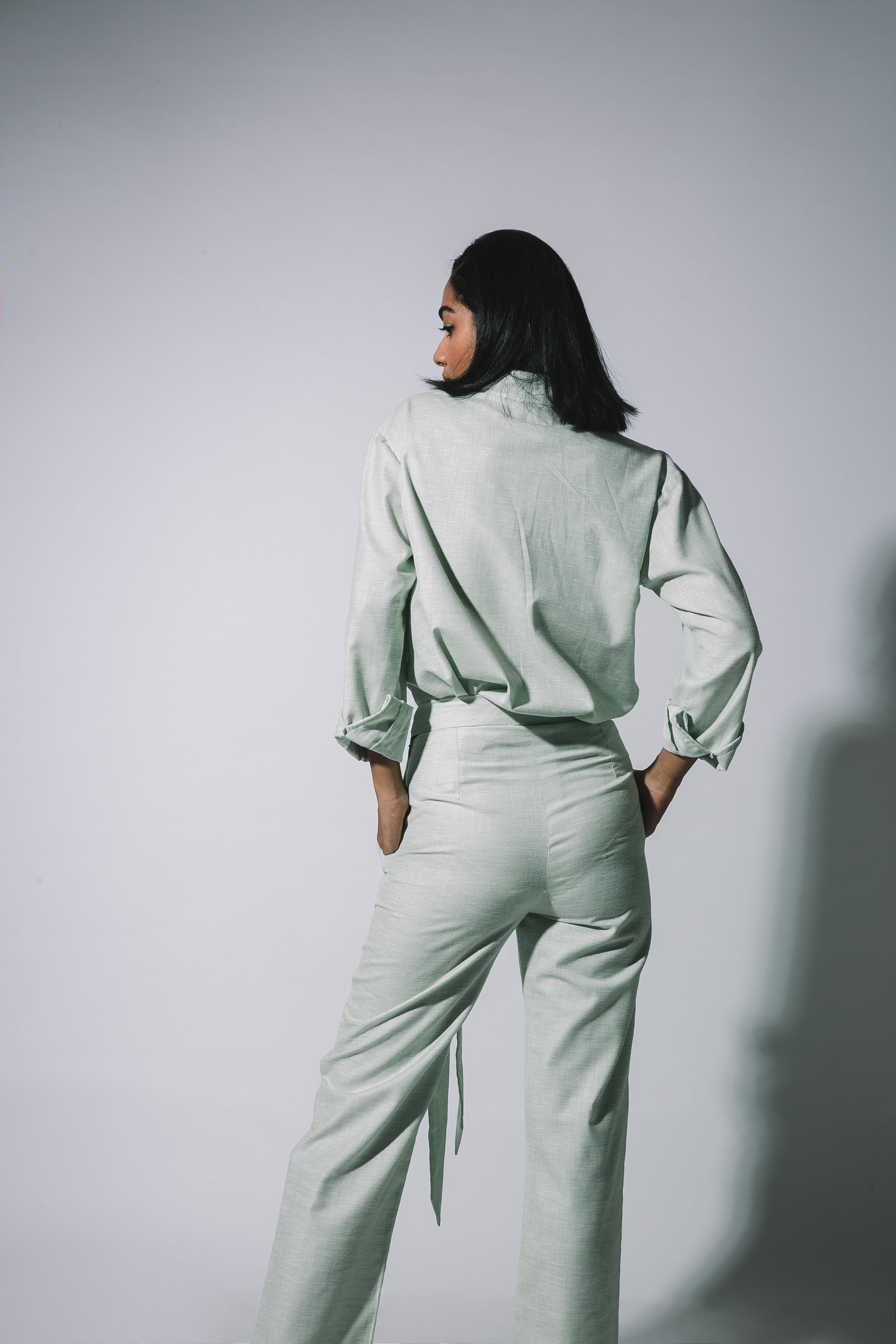 Green Cotton-Linen Shirt Set