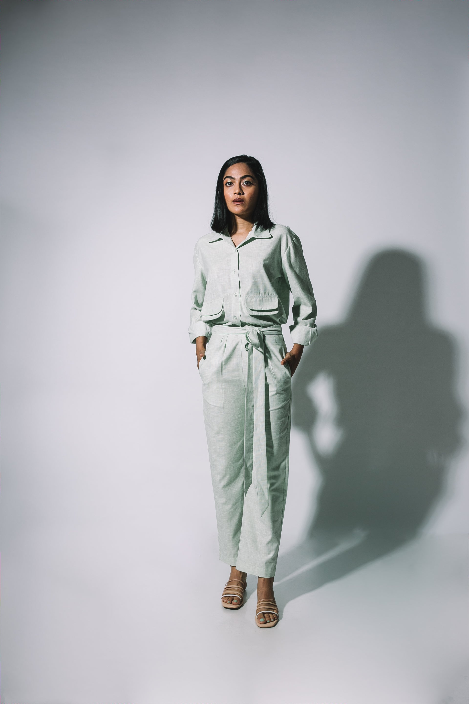 Green Cotton-Linen Shirt Set