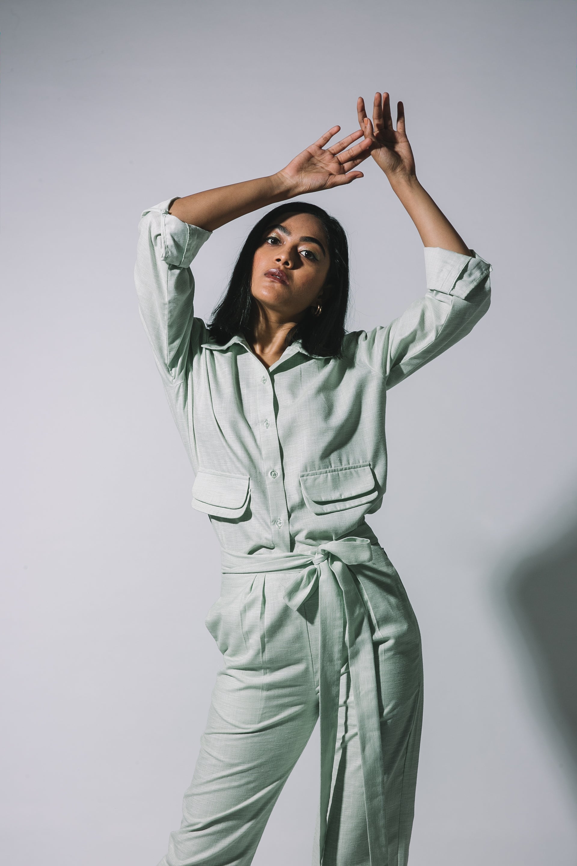 Green Cotton-Linen Shirt Set