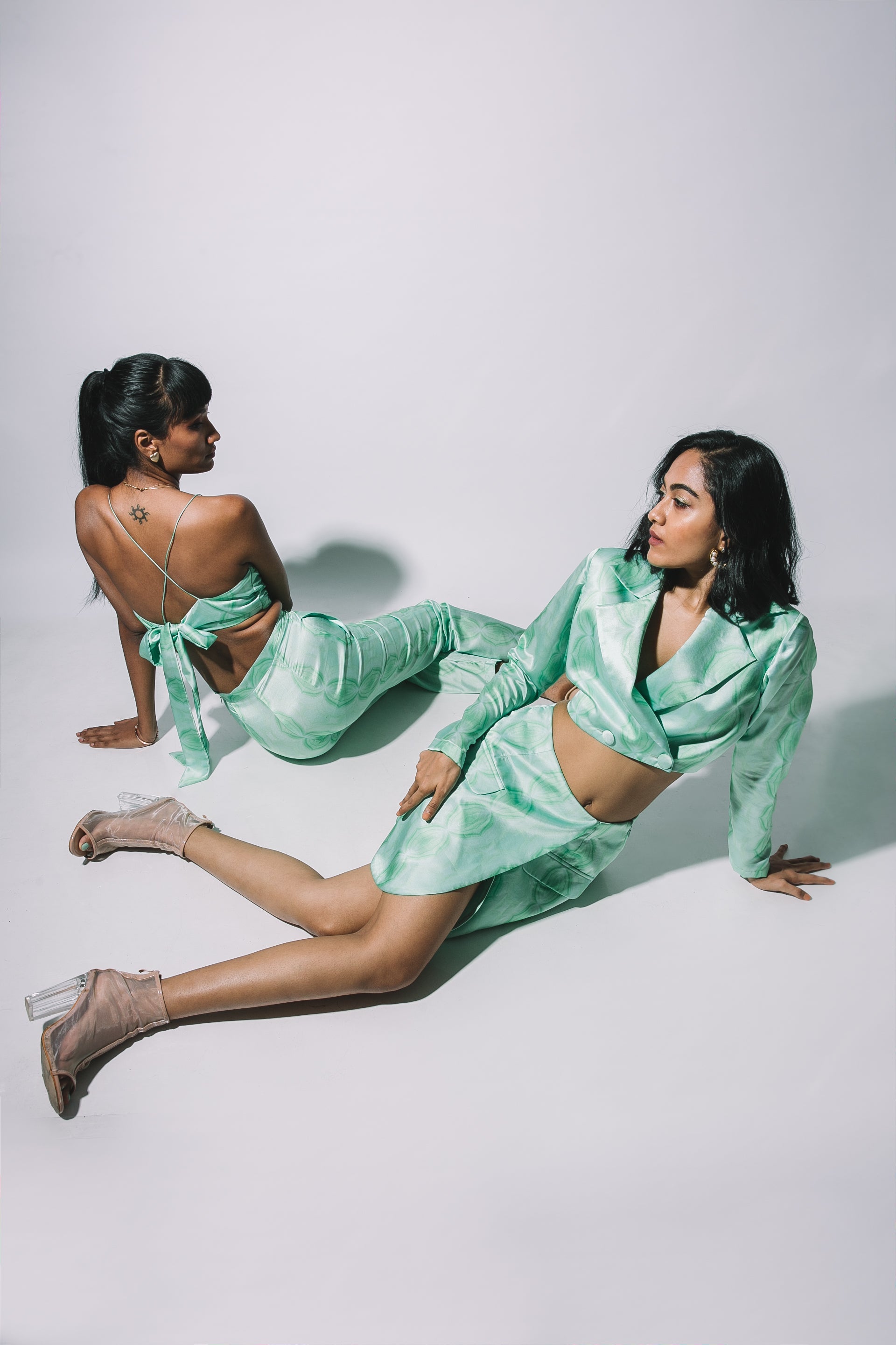 Green Printed Blazer Skirt set