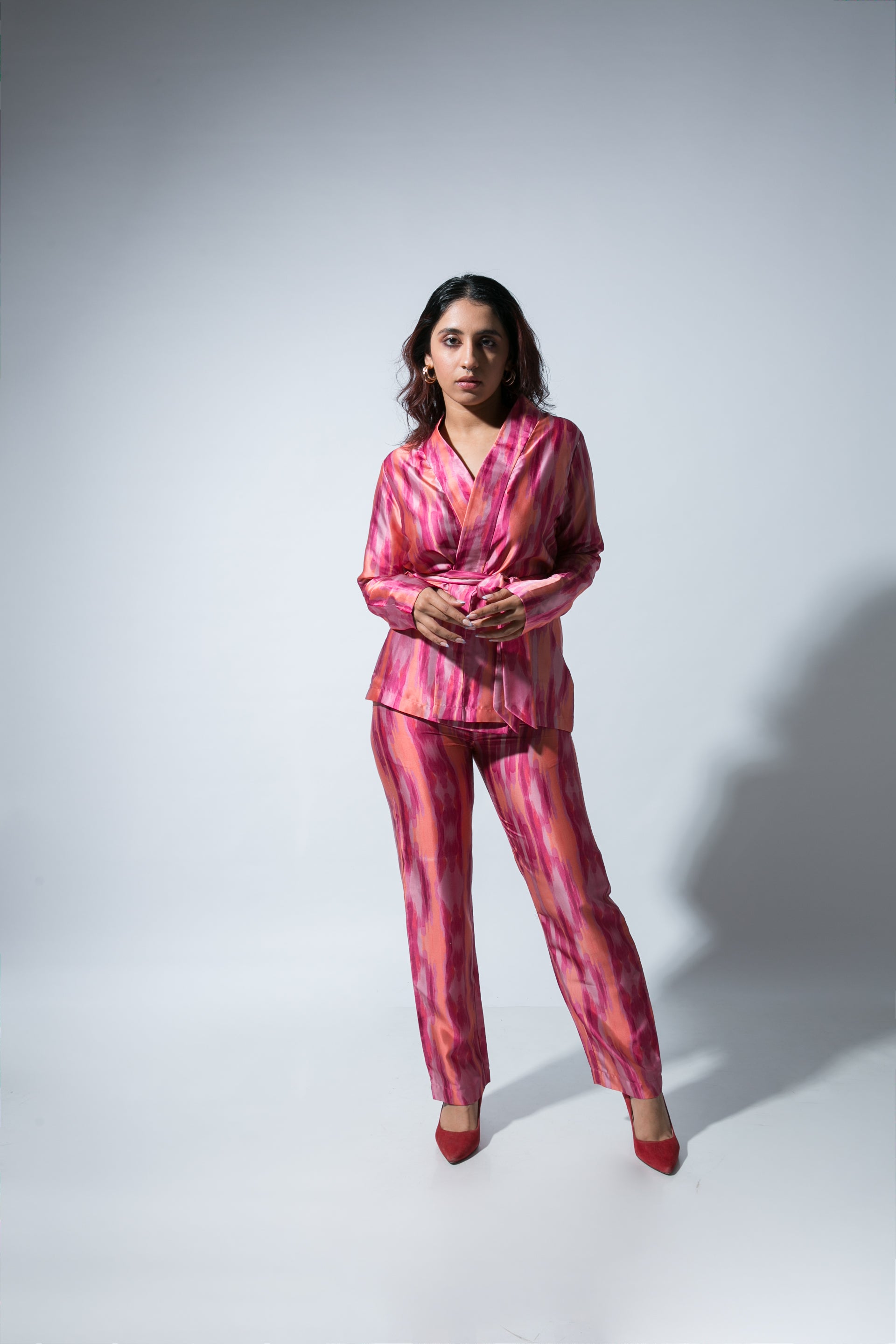 Red-Yellow Satin Long Blazer Set