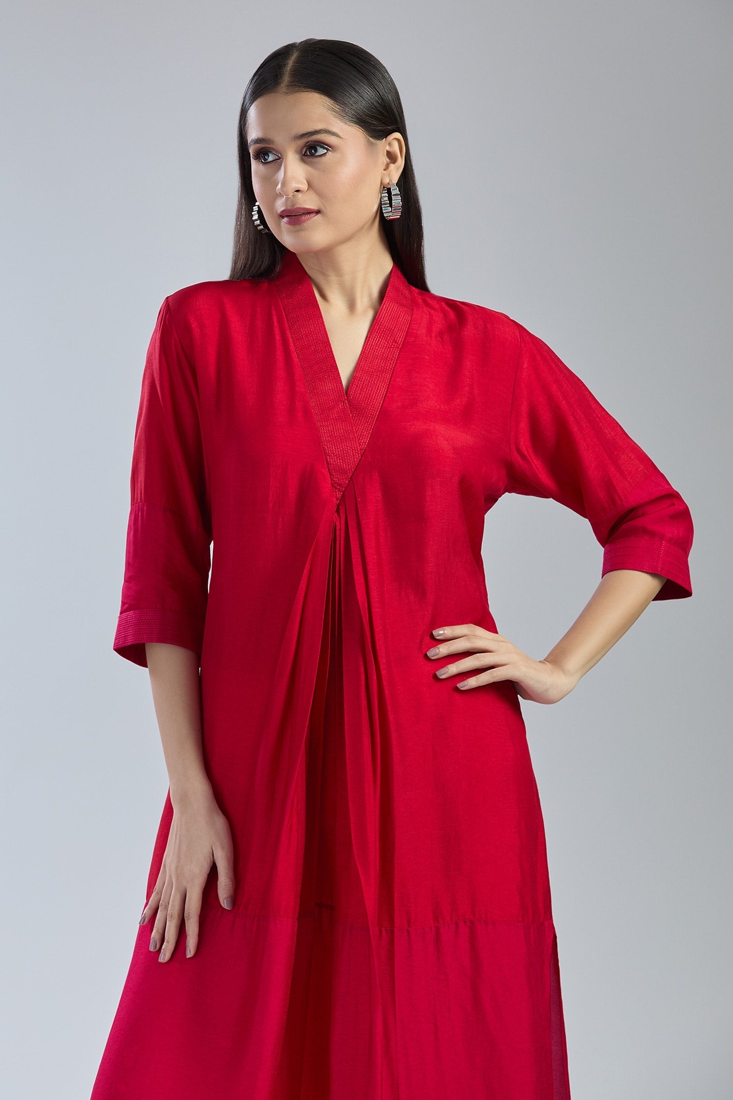 2D Colour Block Kurta- Red x Pink