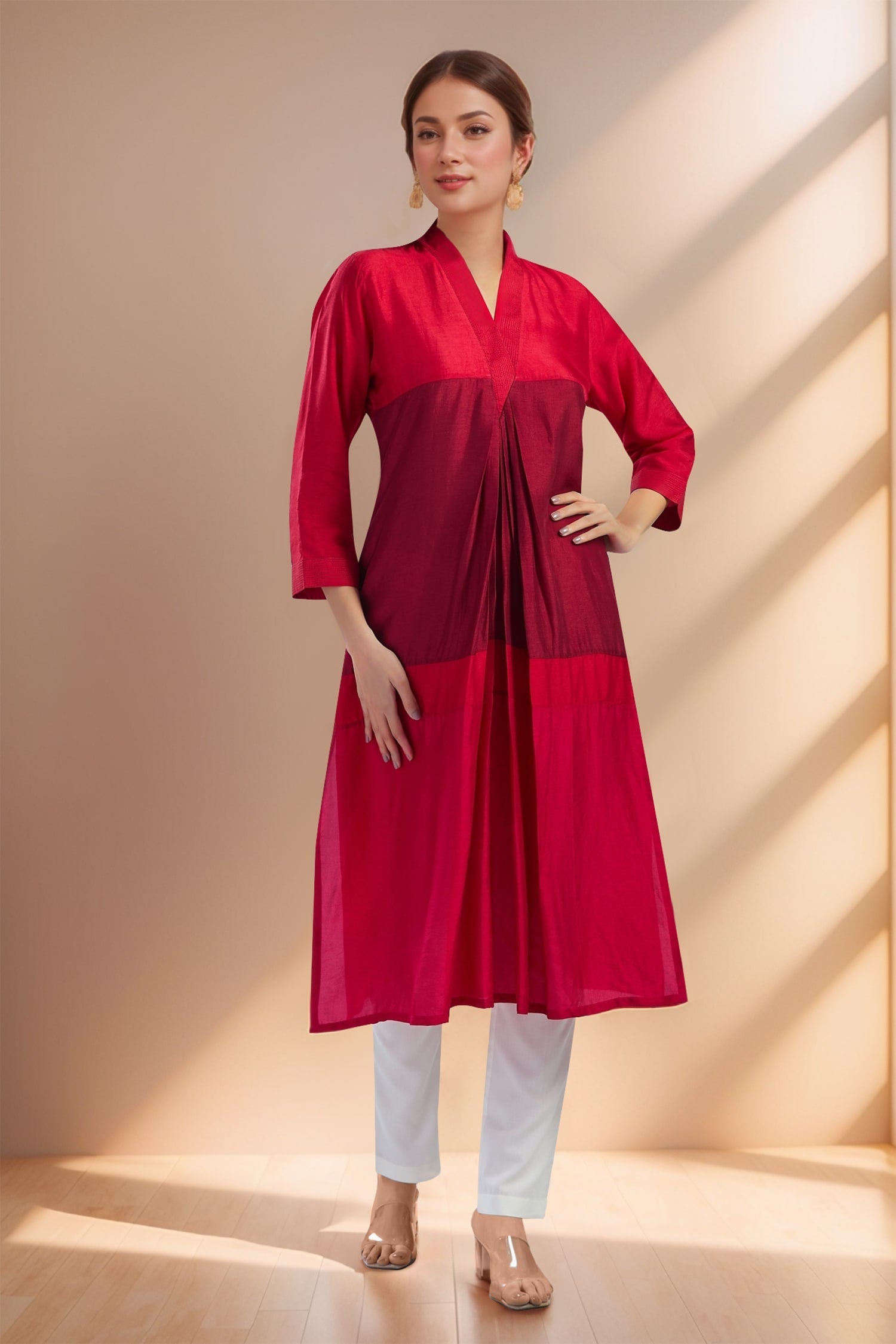 3D Colour Block Kurta- Maroon