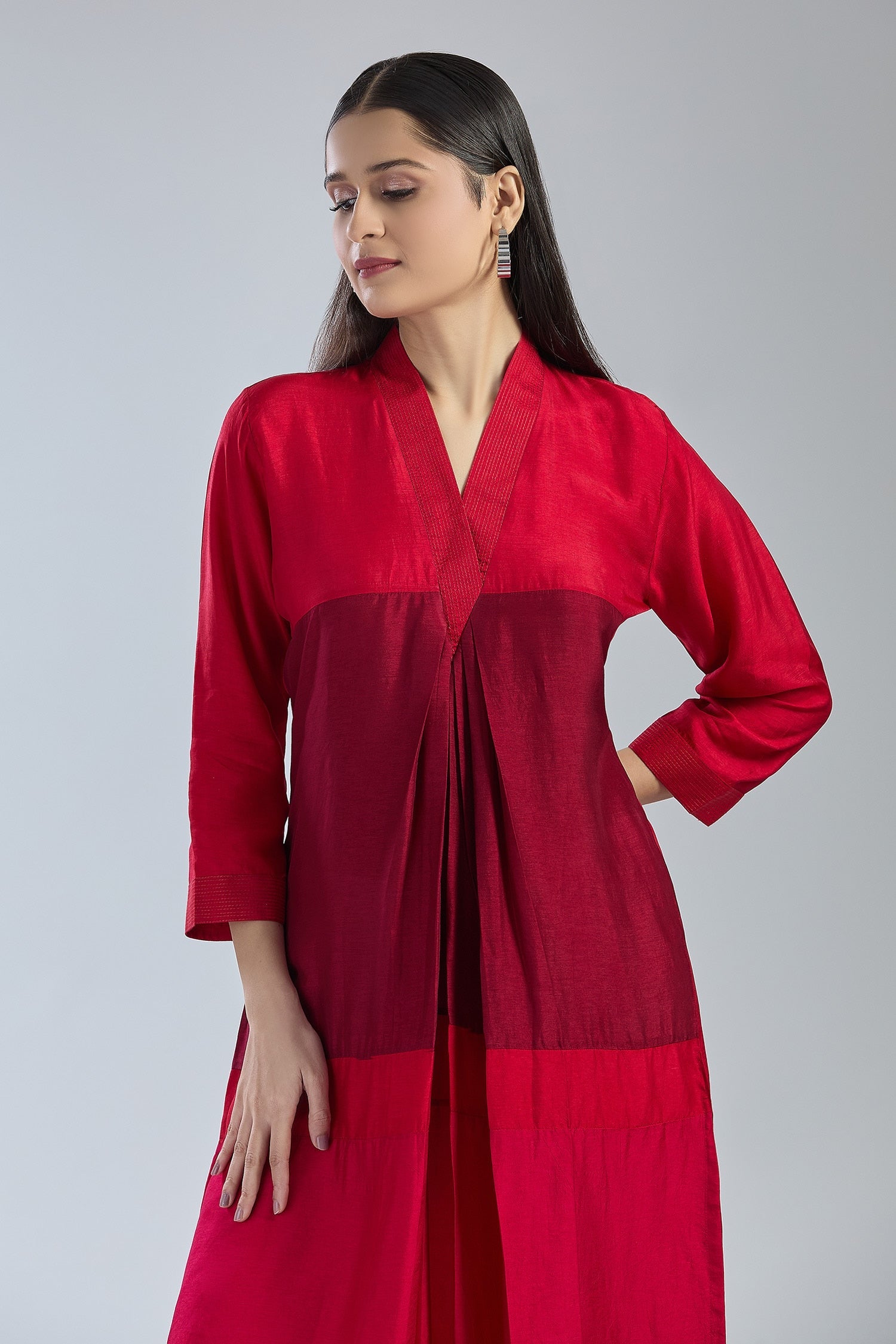 3D Colour Block Kurta- Maroon
