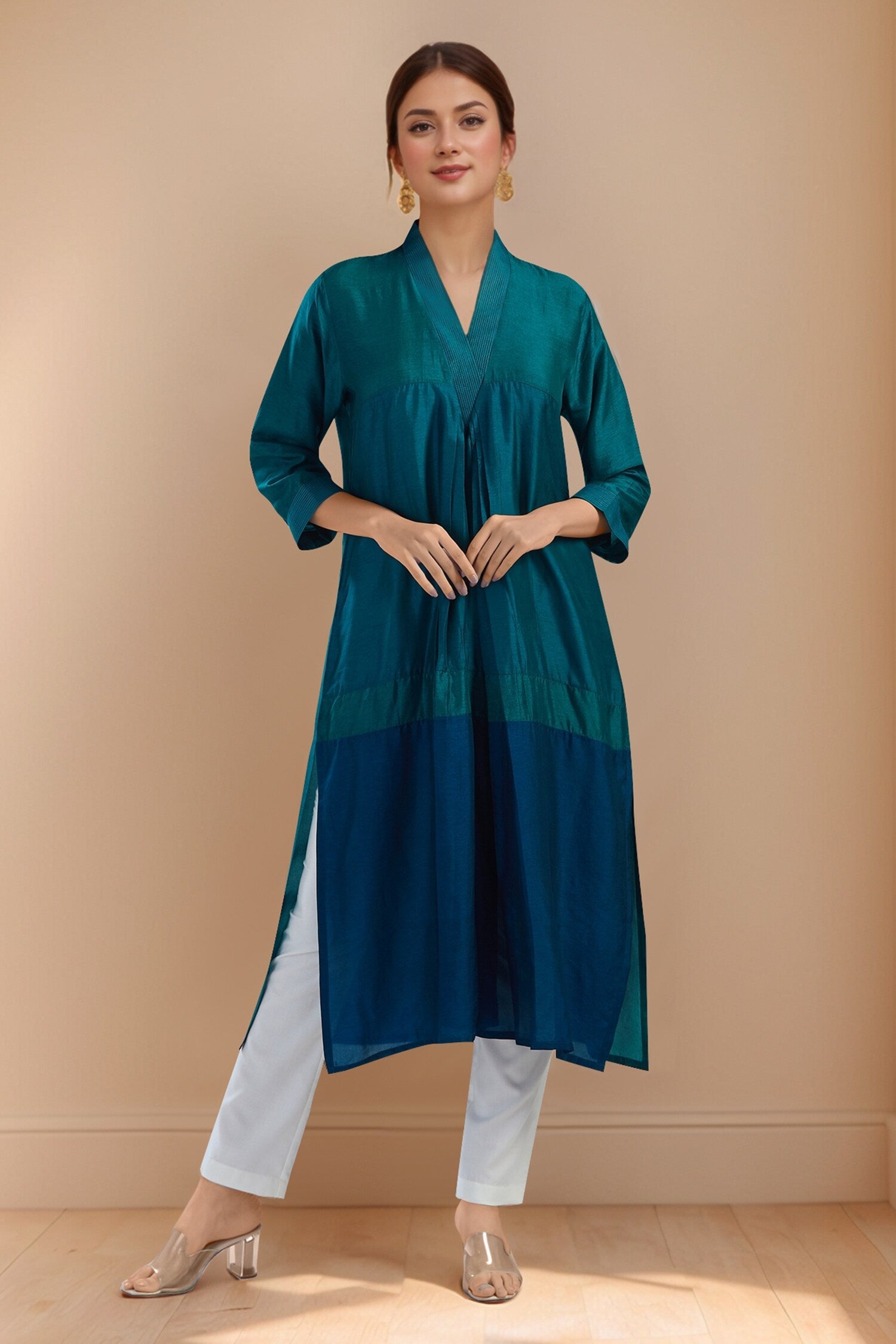 3D Colour Block Kurta- Teal
