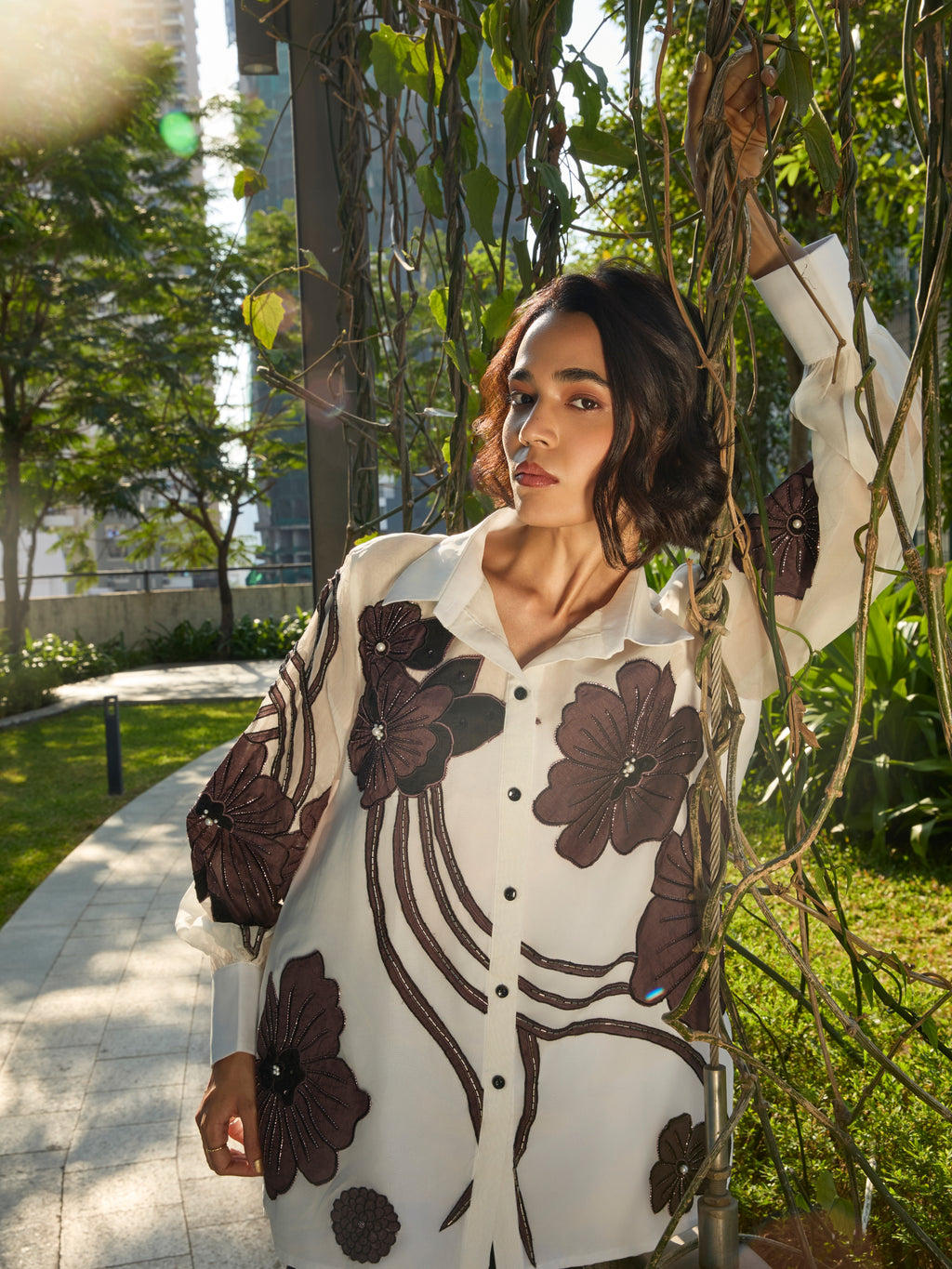 Brown Luna Appliqué Organza Shirt