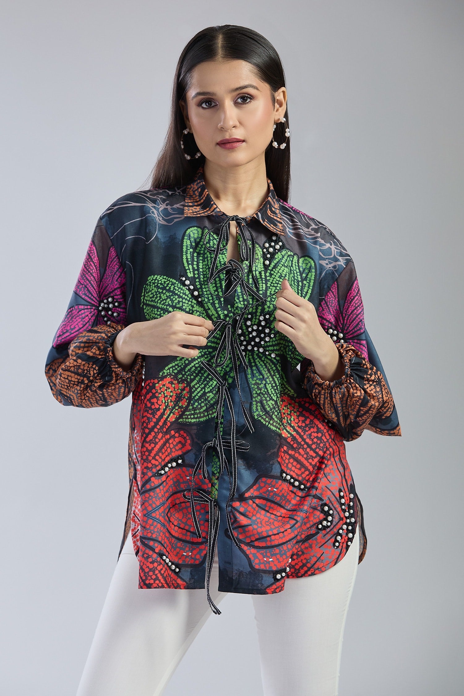 Black X Red Pearl Embroidered Shirt