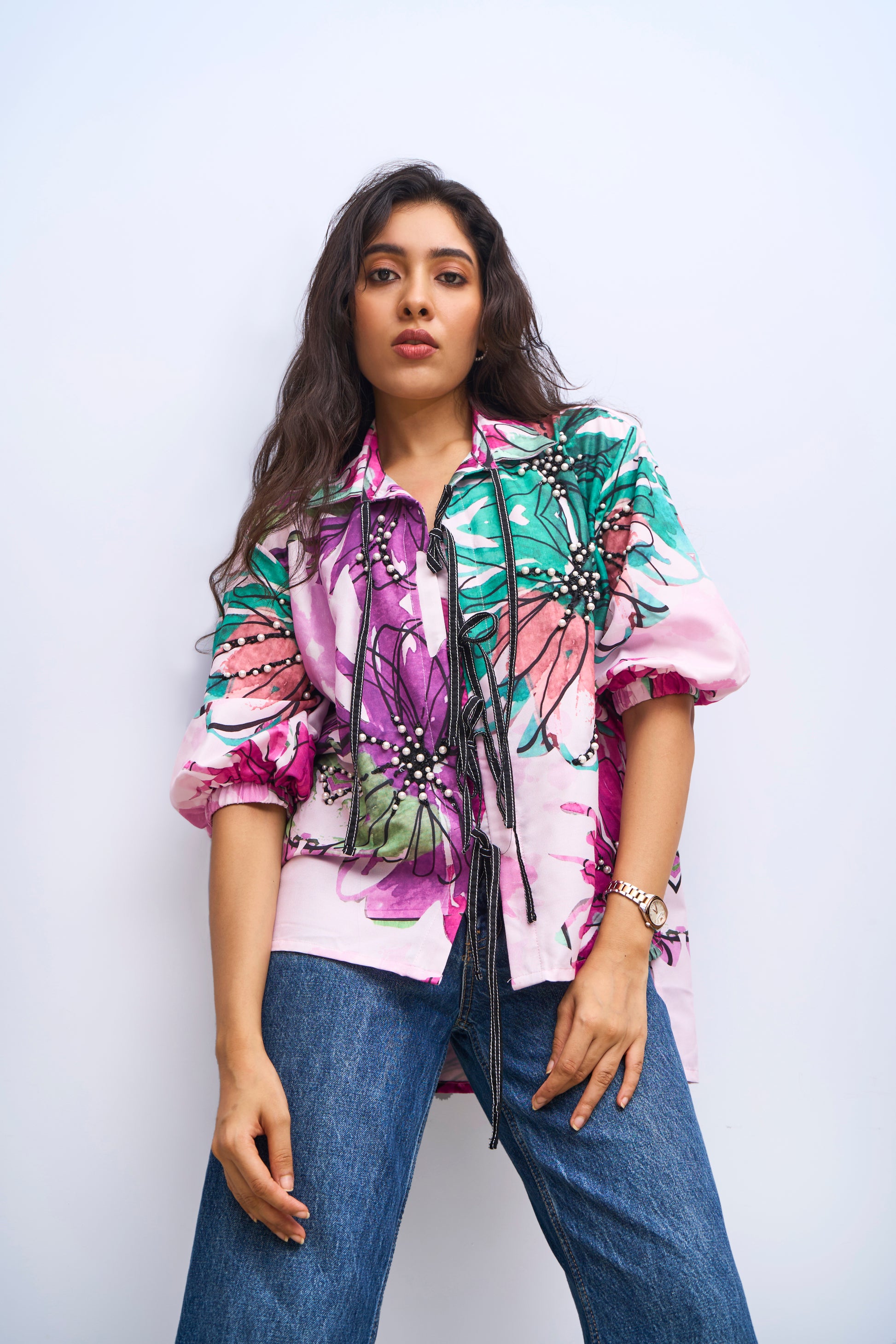 Moon White Pearl Embroidered Shirt