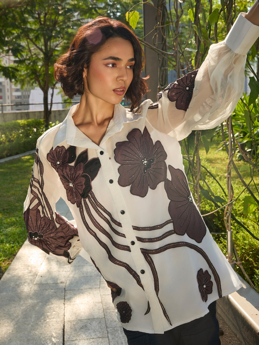 Brown Luna Appliqué Organza Shirt