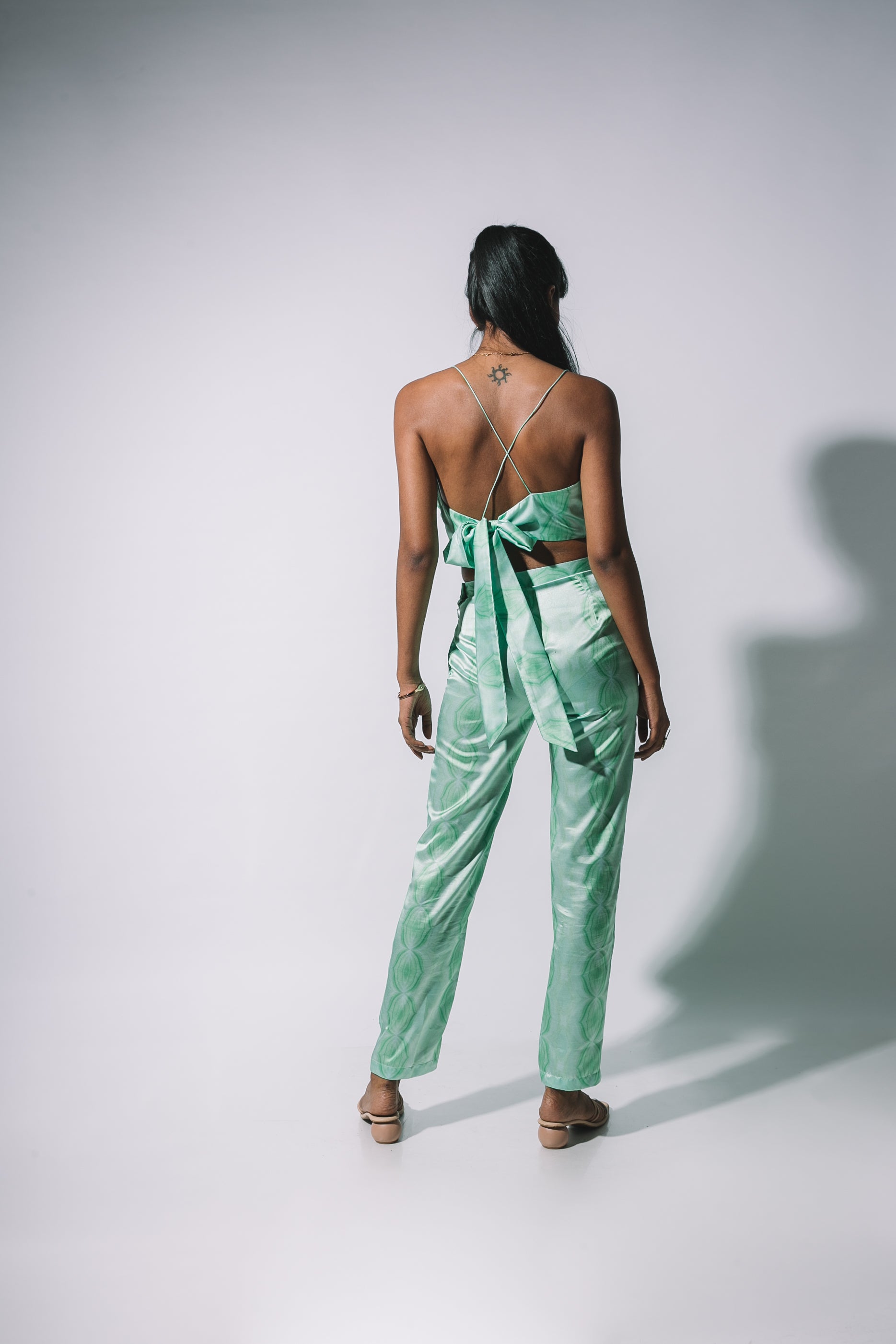 Priyanka Nazareth In Our Green Satin Cowl Set.