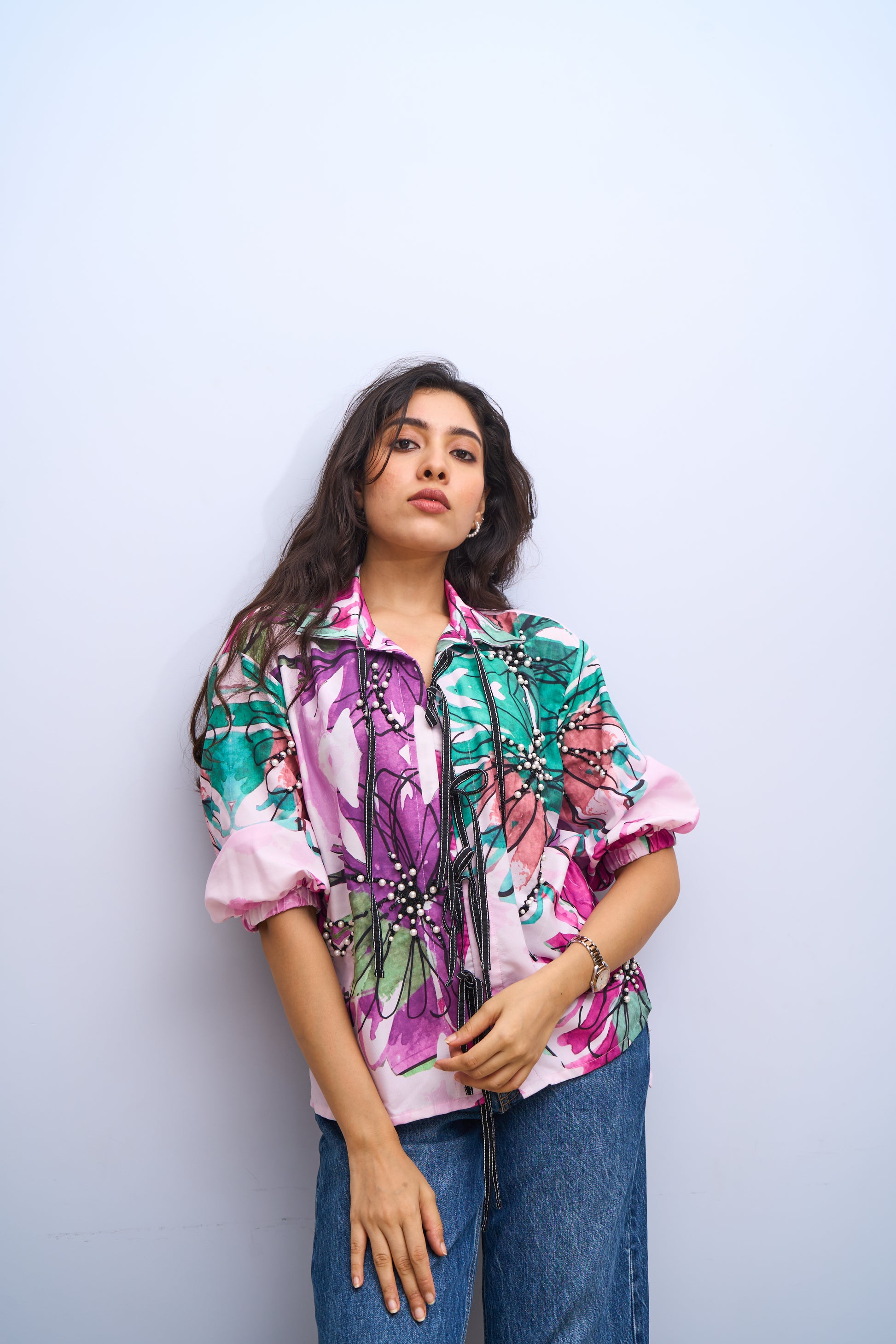 Moon White Pearl Embroidered Shirt