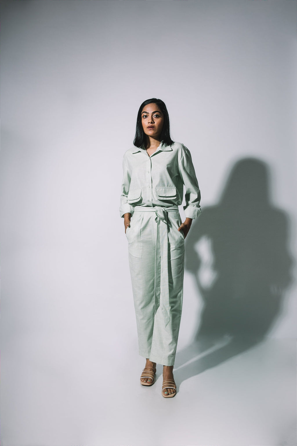 Green Cotton-Linen Shirt Set